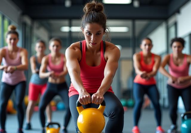 Eine Gruppe trainiert gemeinsam mit Kettlebells in einem Functional Training Kurs